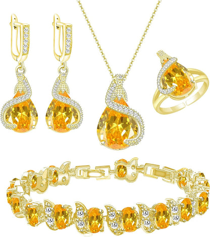 Jewelry Set for Women Water Drop Cubic Zirconia Artificial Crystal Earrings Pendant Necklace Open Ring Tennis Bracelet Wedding Anniversary Birthday Engagement Gift for Bridesmaid Wife Girlfriend Friend