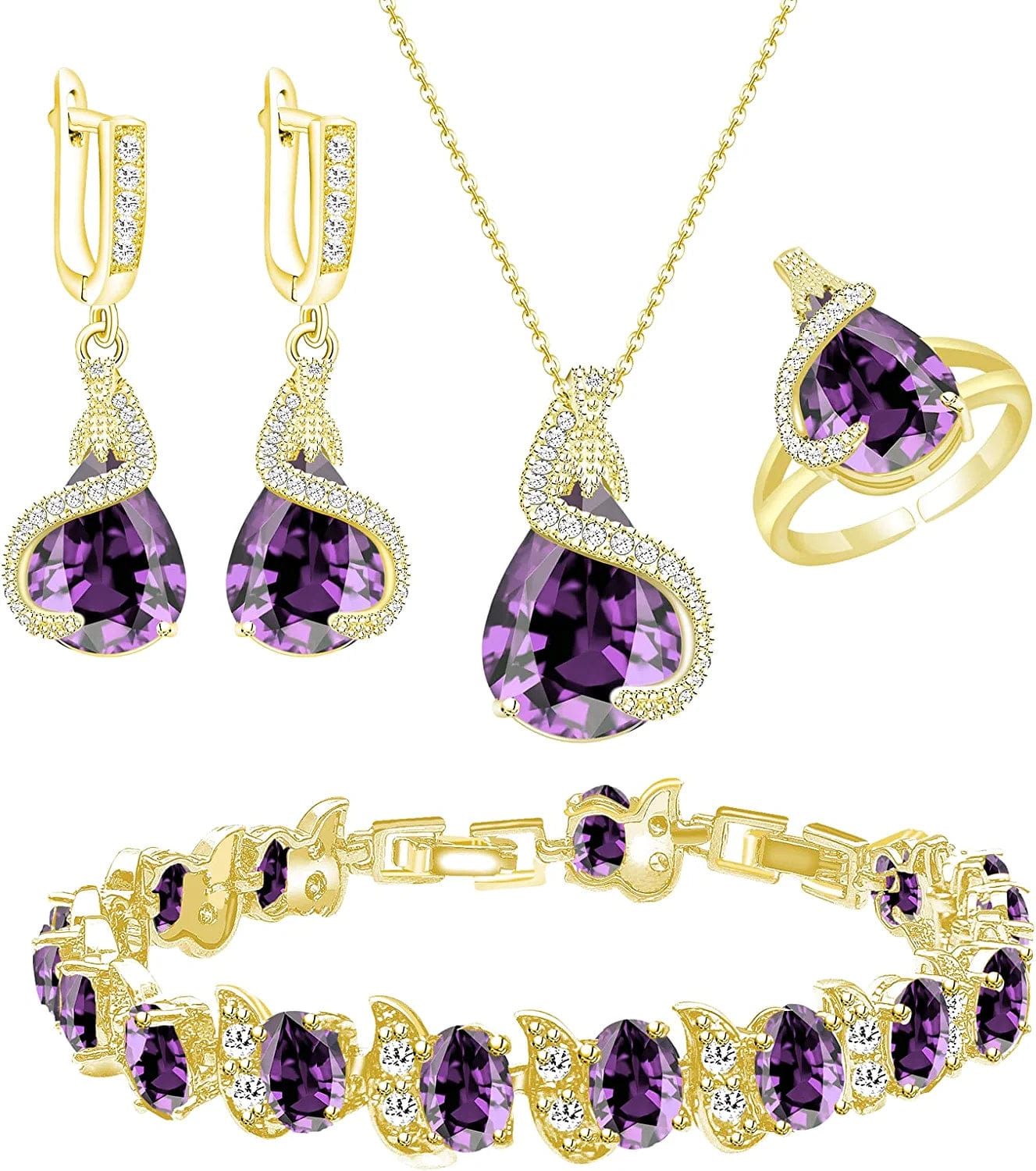 Jewelry Set for Women Water Drop Cubic Zirconia Artificial Crystal Earrings Pendant Necklace Open Ring Tennis Bracelet Wedding Anniversary Birthday Engagement Gift for Bridesmaid Wife Girlfriend Friend