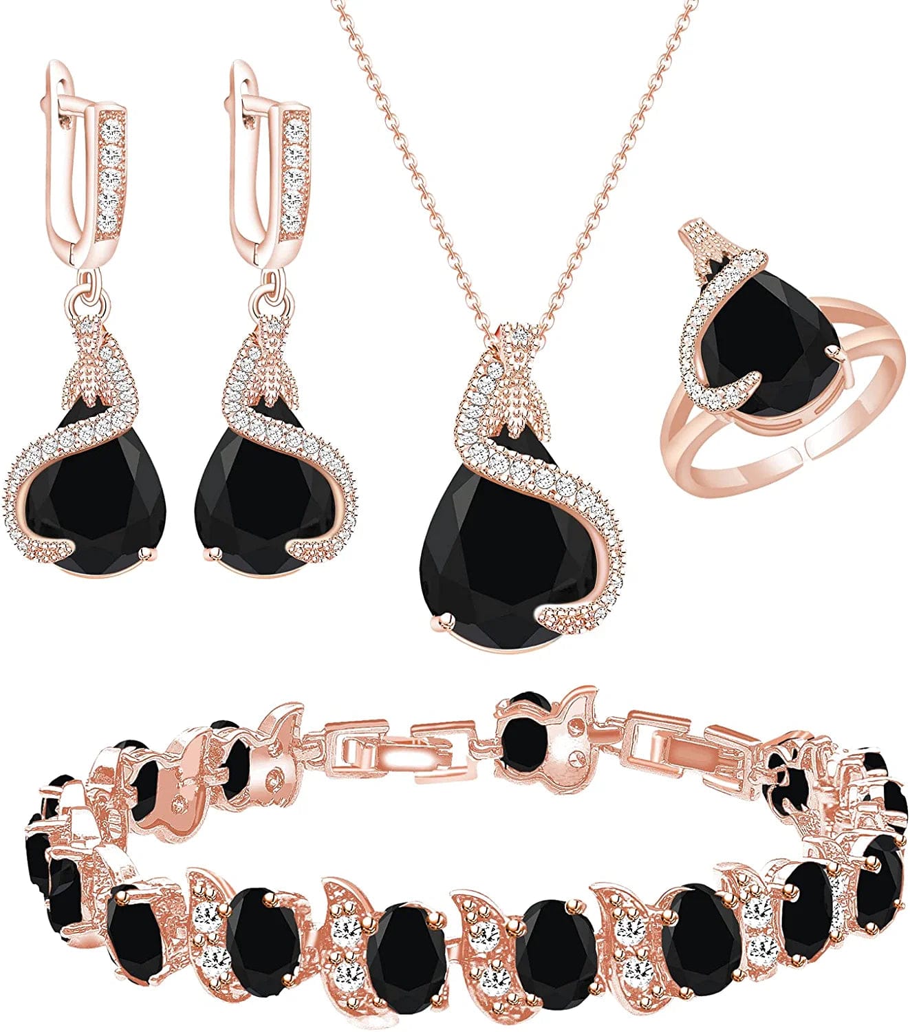 Jewelry Set for Women Water Drop Cubic Zirconia Artificial Crystal Earrings Pendant Necklace Open Ring Tennis Bracelet Wedding Anniversary Birthday Engagement Gift for Bridesmaid Wife Girlfriend Friend
