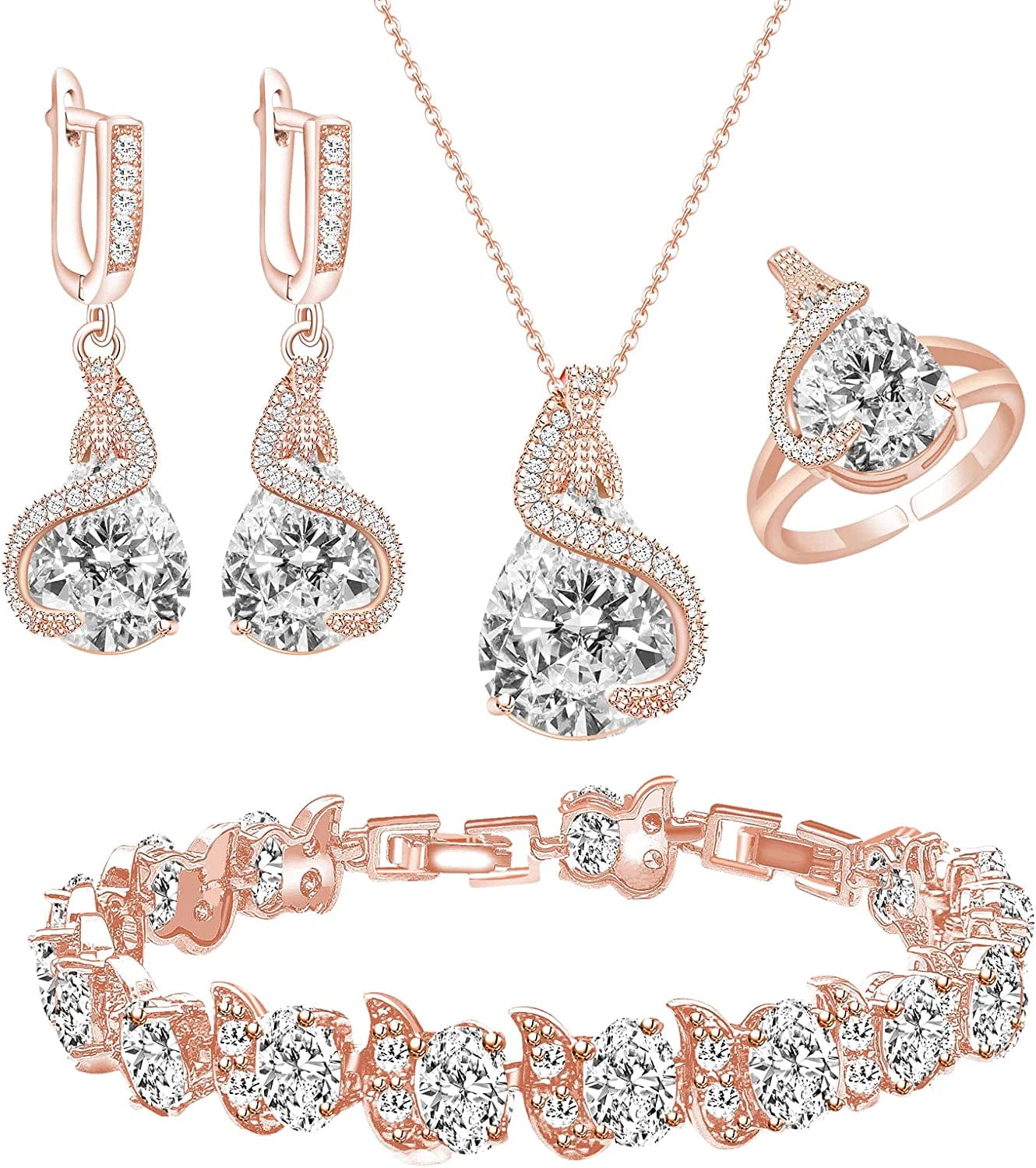 Jewelry Set for Women Water Drop Cubic Zirconia Artificial Crystal Earrings Pendant Necklace Open Ring Tennis Bracelet Wedding Anniversary Birthday Engagement Gift for Bridesmaid Wife Girlfriend Friend