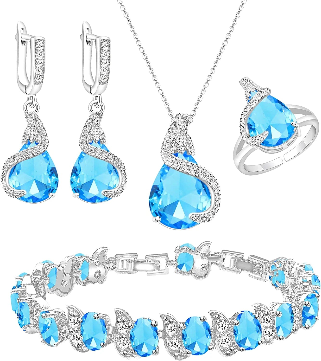 Jewelry Set for Women Water Drop Cubic Zirconia Artificial Crystal Earrings Pendant Necklace Open Ring Tennis Bracelet Wedding Anniversary Birthday Engagement Gift for Bridesmaid Wife Girlfriend Friend