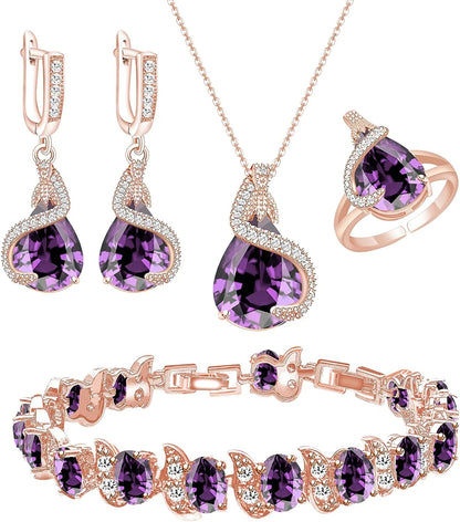 Jewelry Set for Women Water Drop Cubic Zirconia Artificial Crystal Earrings Pendant Necklace Open Ring Tennis Bracelet Wedding Anniversary Birthday Engagement Gift for Bridesmaid Wife Girlfriend Friend
