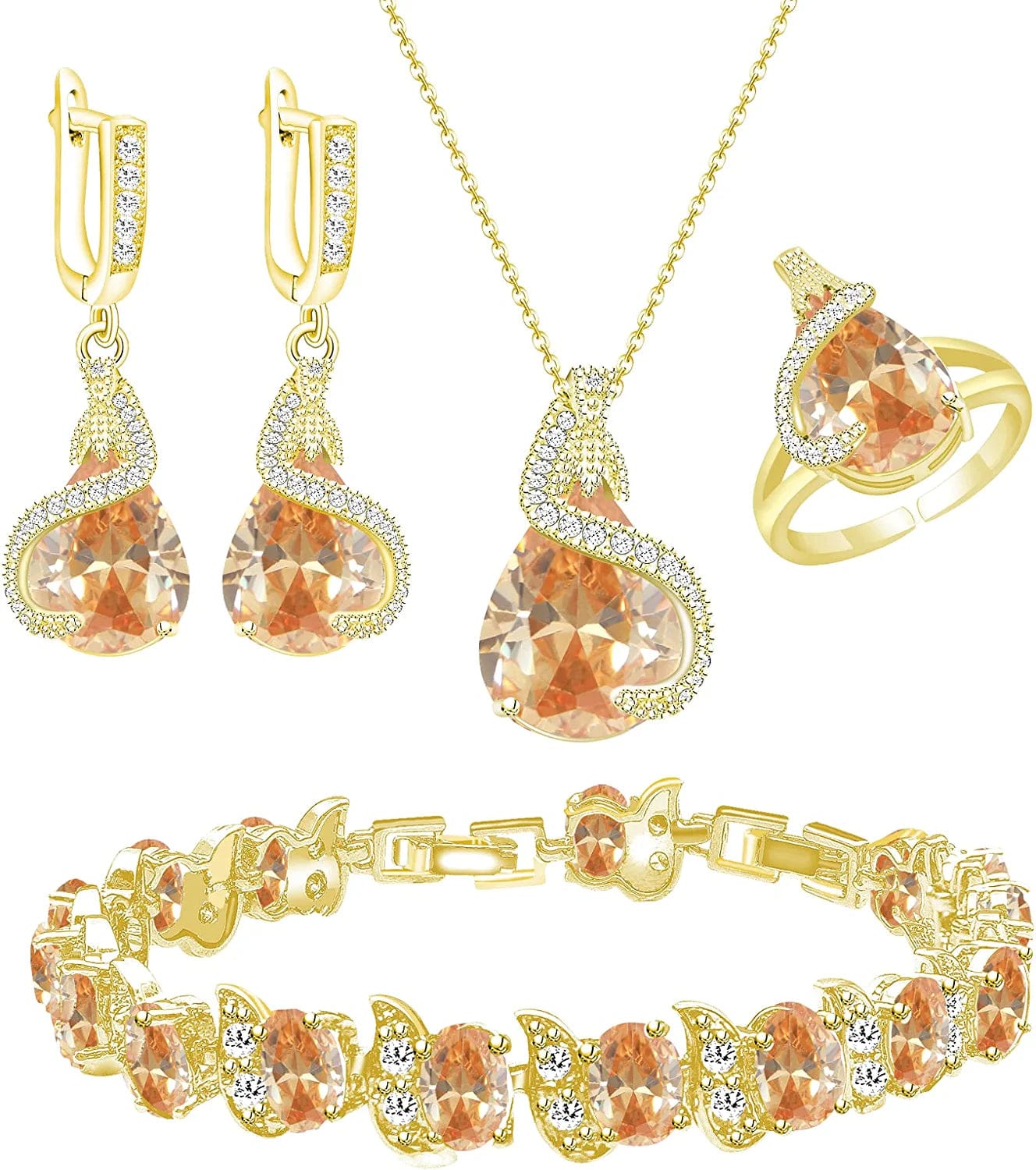Jewelry Set for Women Water Drop Cubic Zirconia Artificial Crystal Earrings Pendant Necklace Open Ring Tennis Bracelet Wedding Anniversary Birthday Engagement Gift for Bridesmaid Wife Girlfriend Friend