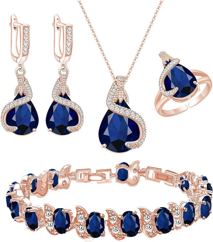 Jewelry Set for Women Water Drop Cubic Zirconia Artificial Crystal Earrings Pendant Necklace Open Ring Tennis Bracelet Wedding Anniversary Birthday Engagement Gift for Bridesmaid Wife Girlfriend Friend
