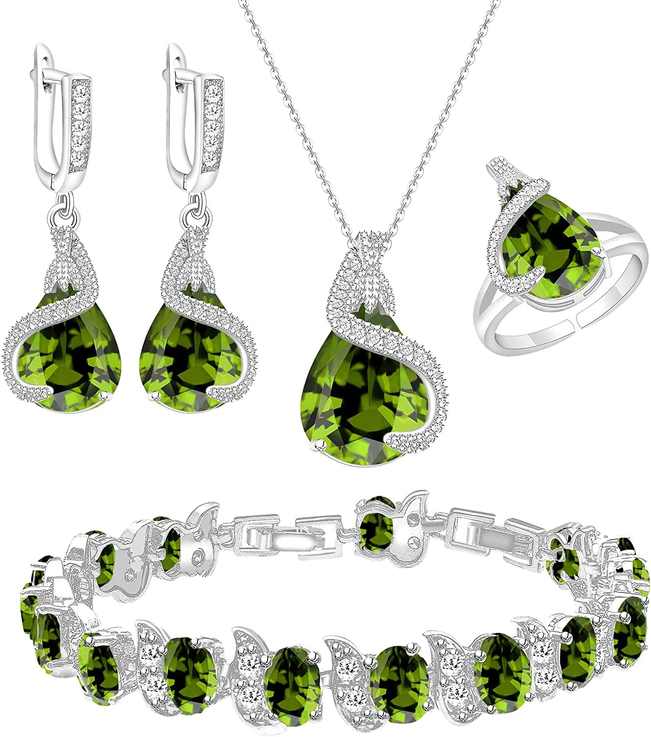 Jewelry Set for Women Water Drop Cubic Zirconia Artificial Crystal Earrings Pendant Necklace Open Ring Tennis Bracelet Wedding Anniversary Birthday Engagement Gift for Bridesmaid Wife Girlfriend Friend