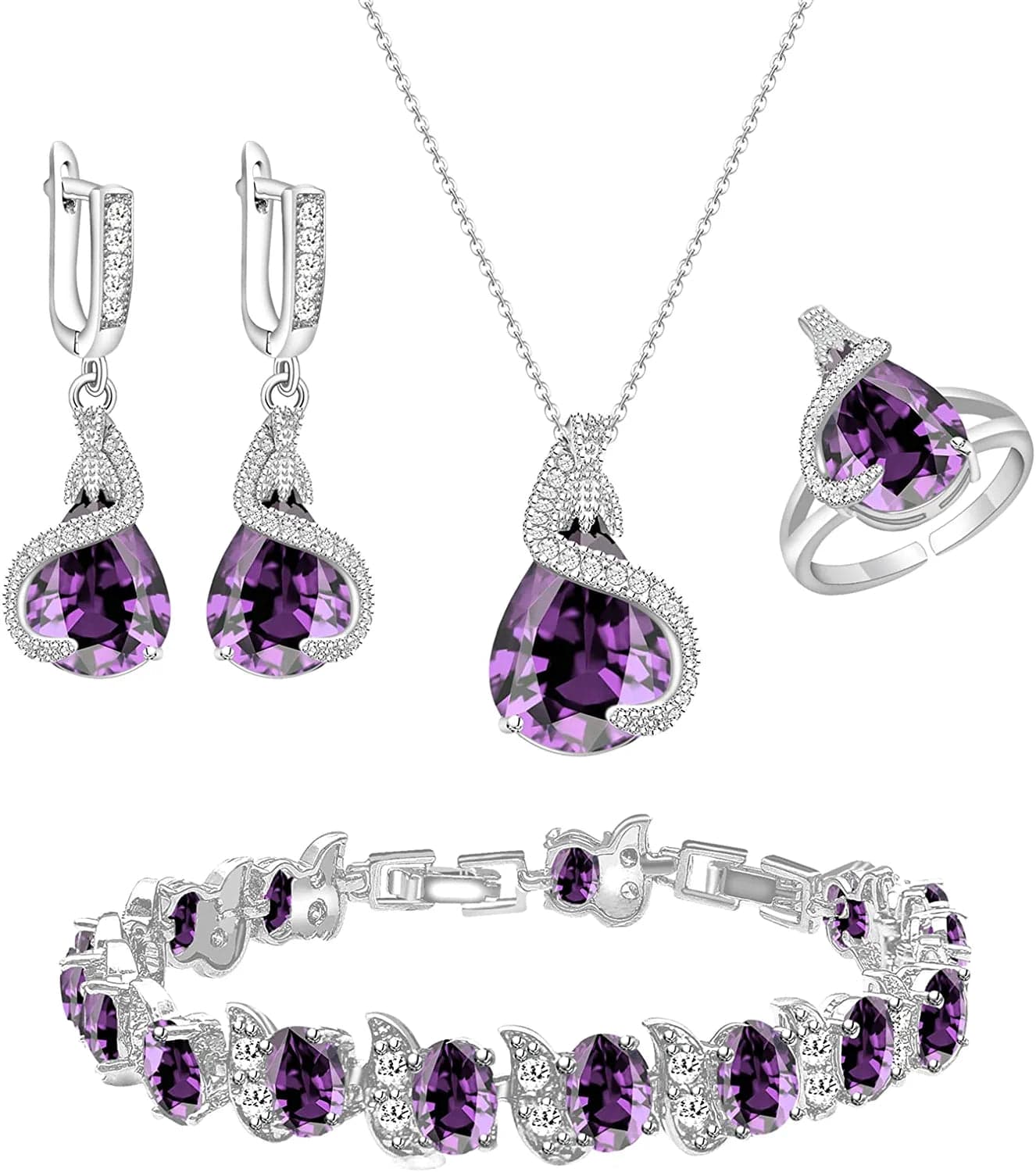 Jewelry Set for Women Water Drop Cubic Zirconia Artificial Crystal Earrings Pendant Necklace Open Ring Tennis Bracelet Wedding Anniversary Birthday Engagement Gift for Bridesmaid Wife Girlfriend Friend