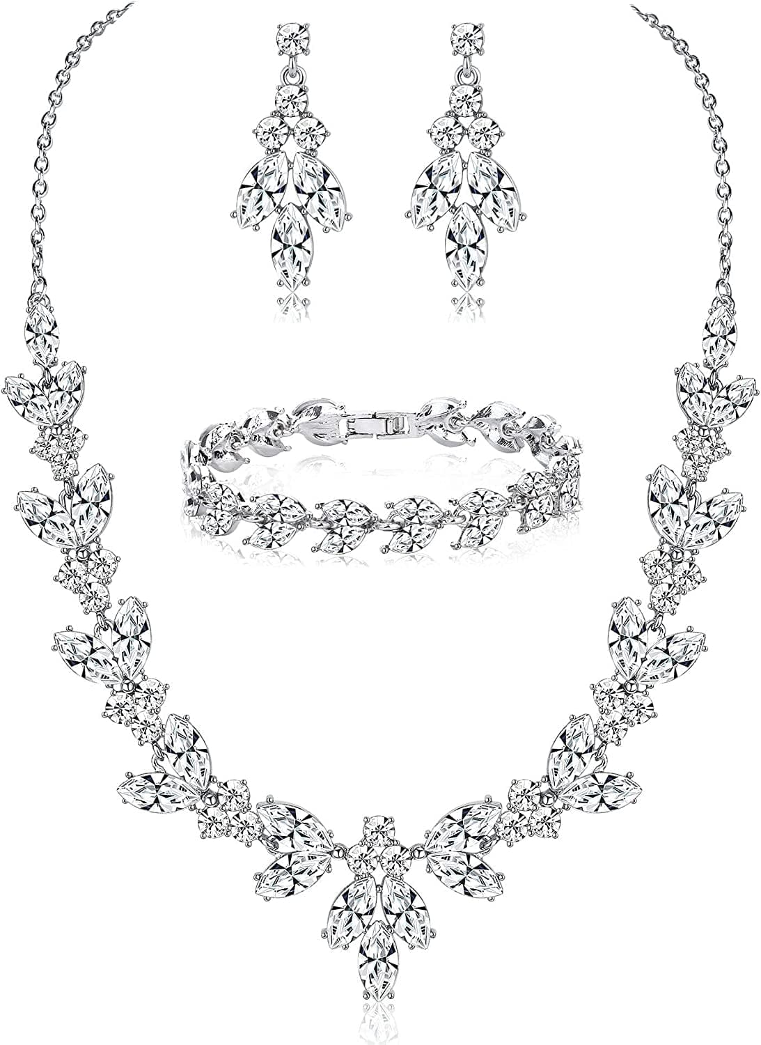 Jewelry Set Rhinestone Earrings Necklace Bracelet Set for Bride Bridesmaid Wedding Prom Costume Party Jewelry Silver- c