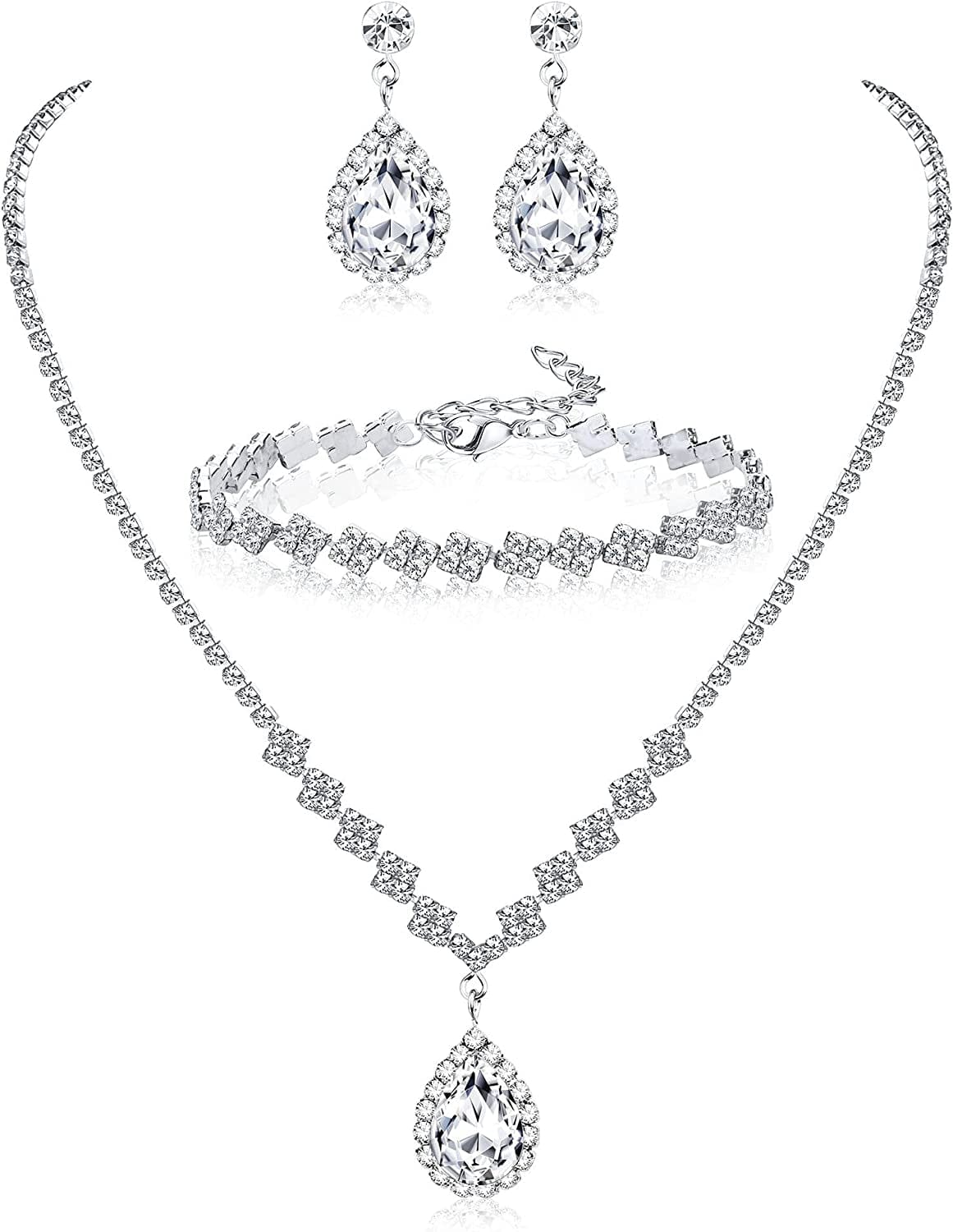 Jewelry Set Rhinestone Earrings Necklace Bracelet Set for Bride Bridesmaid Wedding Prom Costume Party Jewelry Silver- b