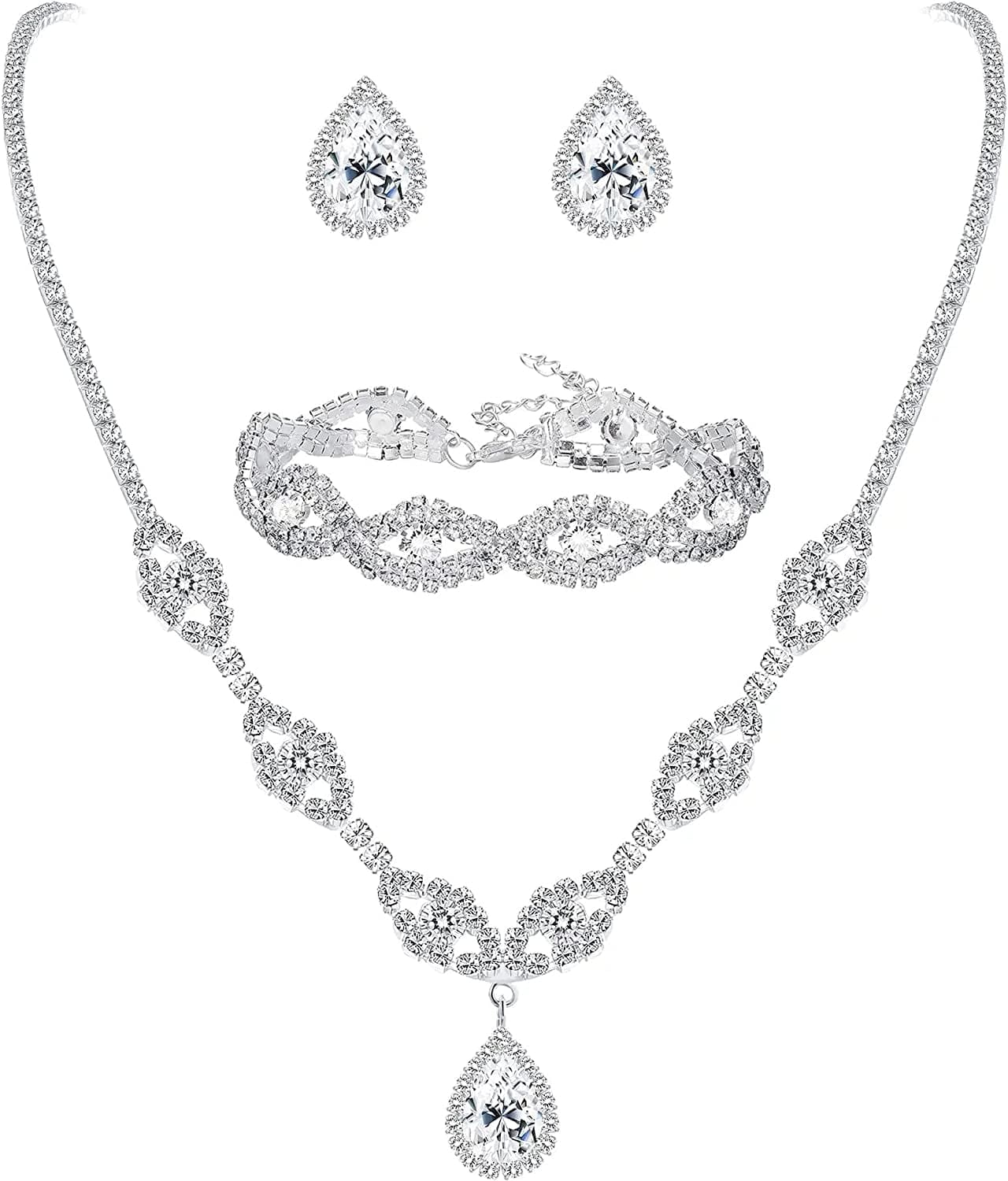 Jewelry Set Rhinestone Earrings Necklace Bracelet Set for Bride Bridesmaid Wedding Prom Costume Party Jewelry Silver- d