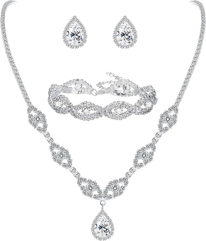 Jewelry Set Rhinestone Earrings Necklace Bracelet Set for Bride Bridesmaid Wedding Prom Costume Party Jewelry Silver- d