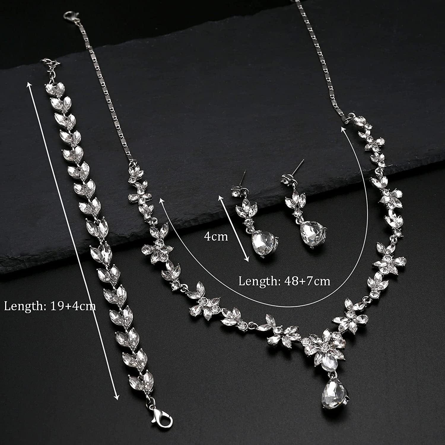 Jewelry Set Rhinestone Earrings Necklace Bracelet Set for Bride Bridesmaid Wedding Prom Costume Party Jewelry