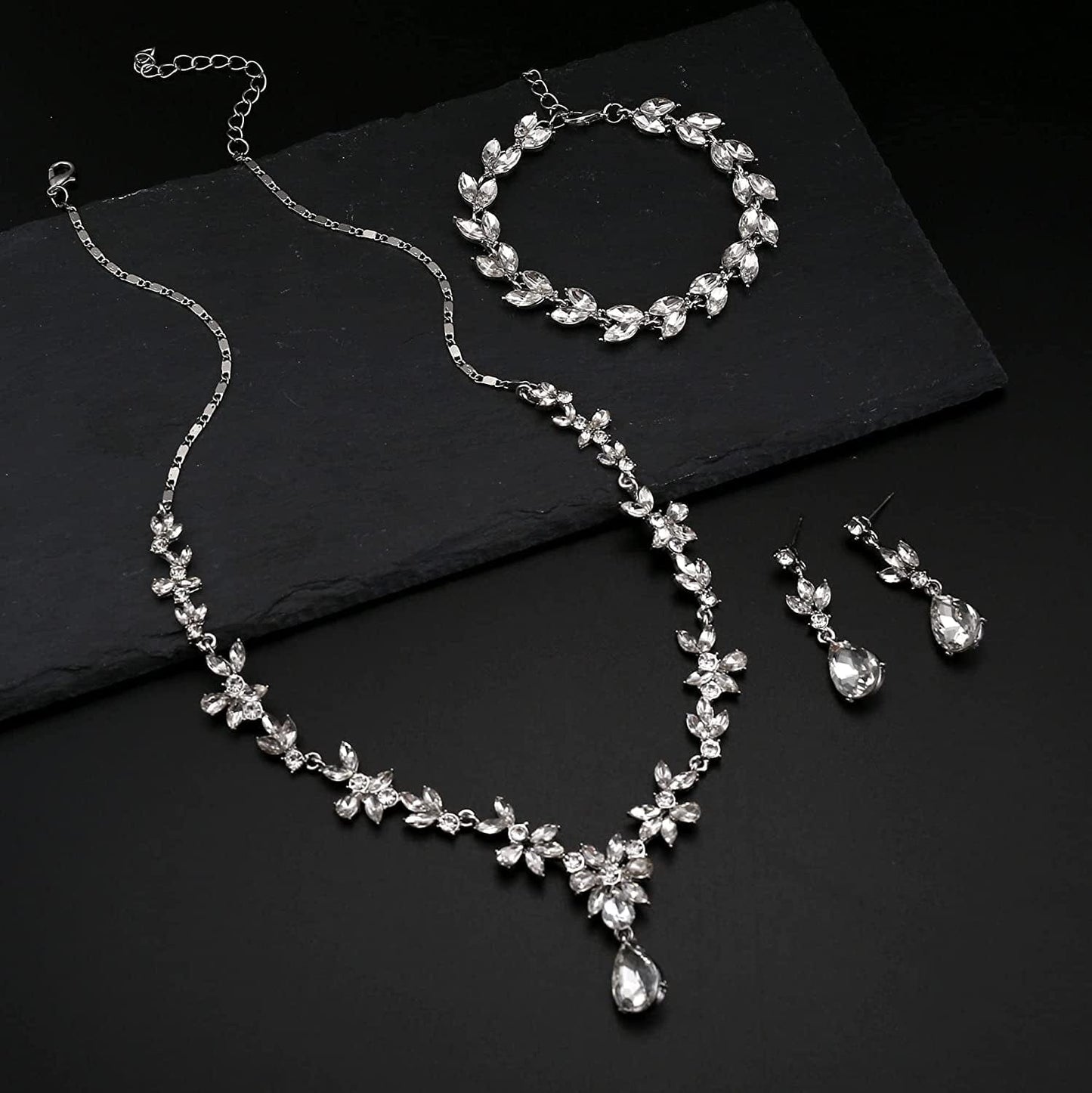 Jewelry Set Rhinestone Earrings Necklace Bracelet Set for Bride Bridesmaid Wedding Prom Costume Party Jewelry