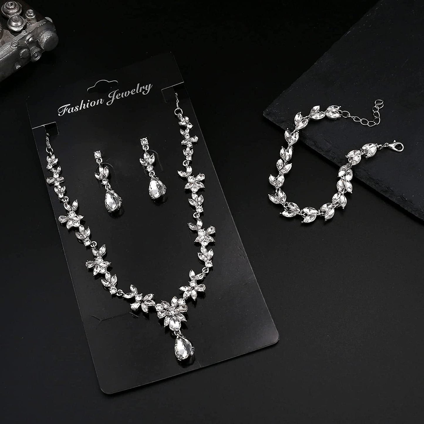 Jewelry Set Rhinestone Earrings Necklace Bracelet Set for Bride Bridesmaid Wedding Prom Costume Party Jewelry