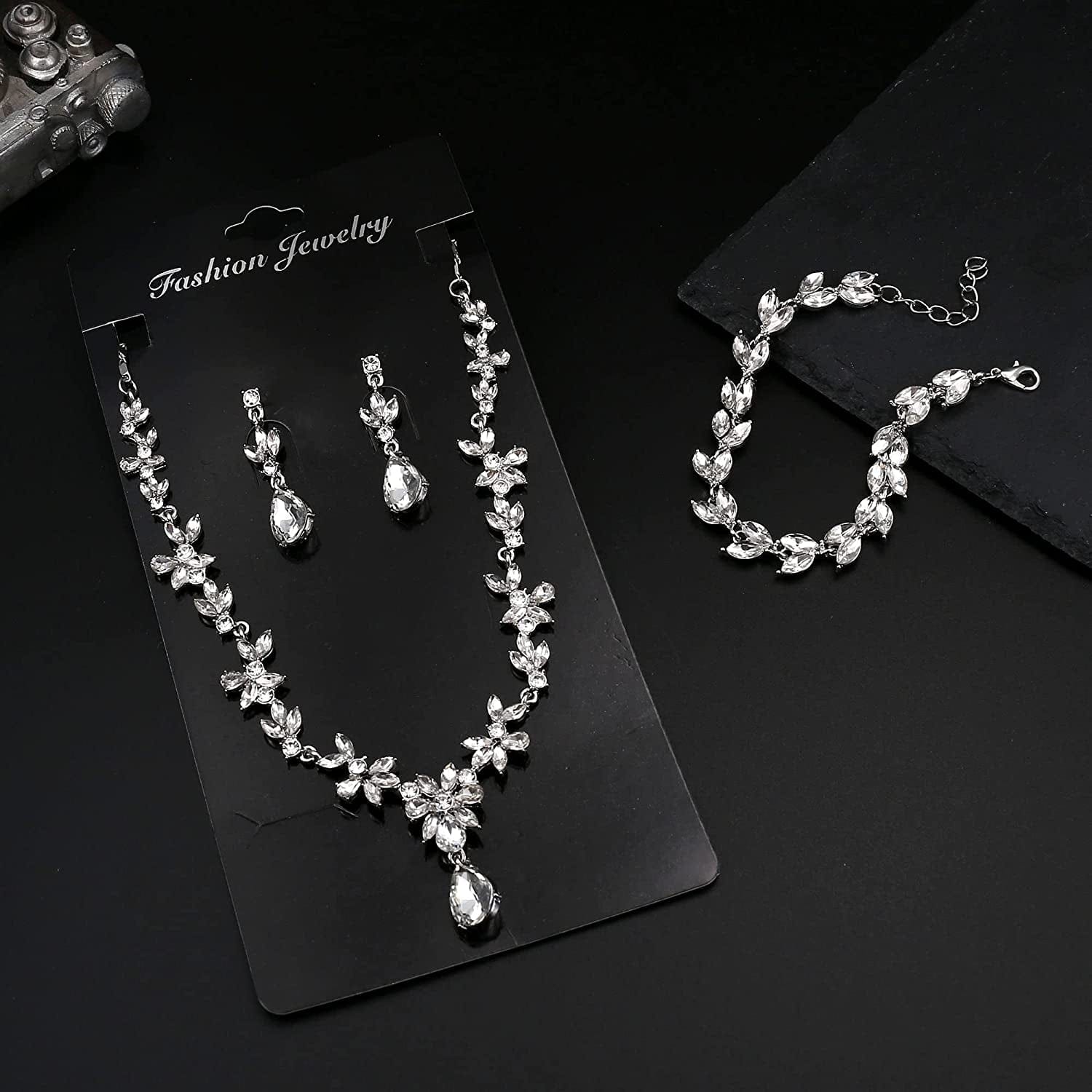Jewelry Set Rhinestone Earrings Necklace Bracelet Set for Bride Bridesmaid Wedding Prom Costume Party Jewelry