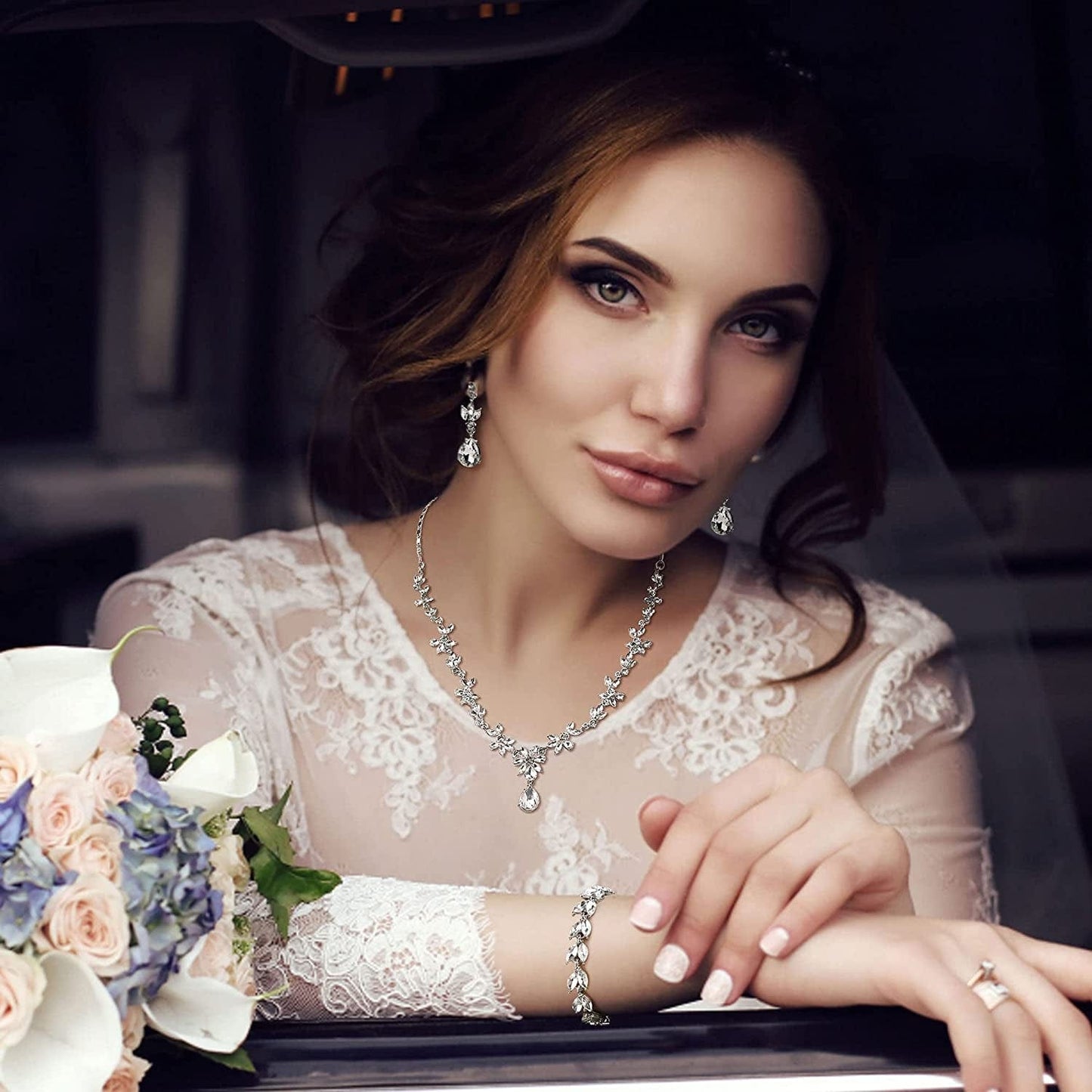 Jewelry Set Rhinestone Earrings Necklace Bracelet Set for Bride Bridesmaid Wedding Prom Costume Party Jewelry