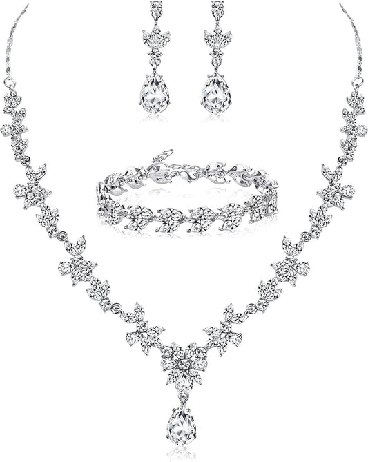 Jewelry Set Rhinestone Earrings Necklace Bracelet Set for Bride Bridesmaid Wedding Prom Costume Party Jewelry Silver- a