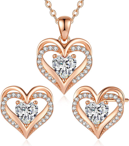 Jewelry Sets for Women Love Heart Pendant Necklaces Earrings, 925 Sterling Silver with Birthstone Zirconia, Birthday Anniversary Christmas Jewelry Gifts for Women Girls Wife Girlfriend Her Rose Gold-04-Apr(Heart Zircon)