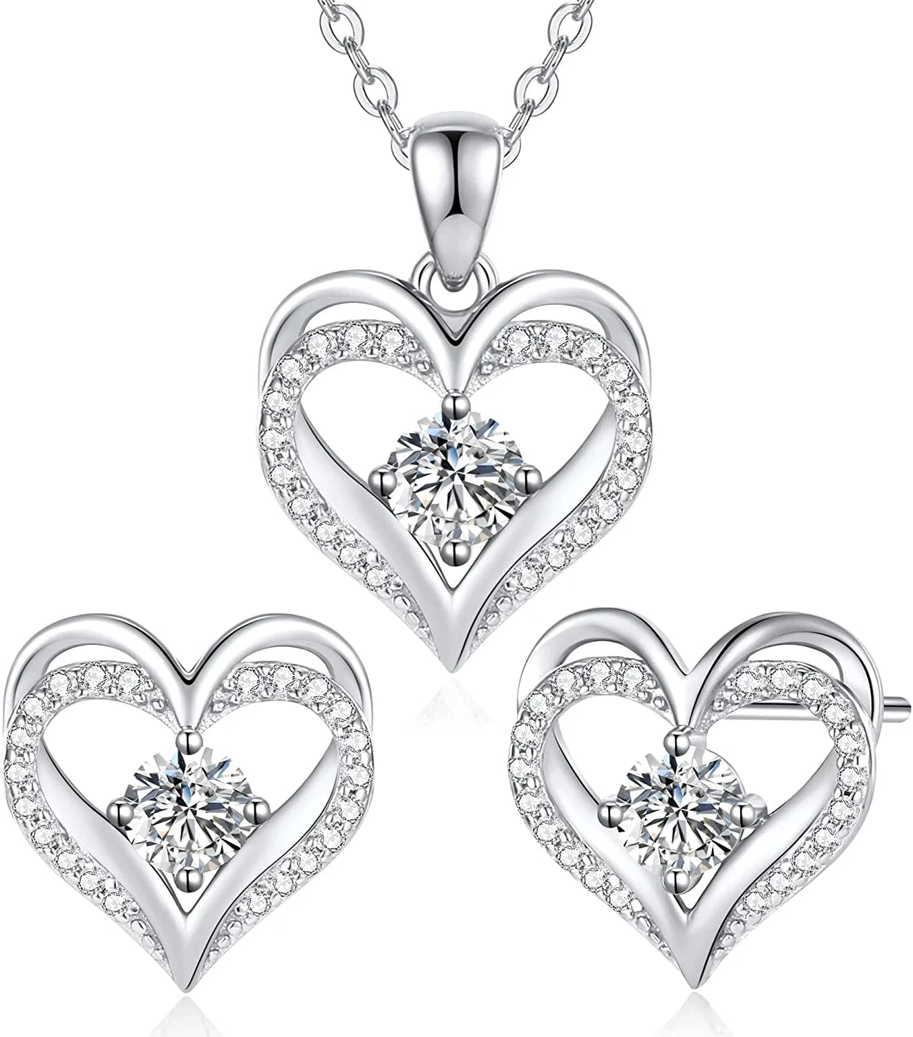 Jewelry Sets for Women Love Heart Pendant Necklaces Earrings, 925 Sterling Silver with Birthstone Zirconia, Birthday Anniversary Christmas Jewelry Gifts for Women Girls Wife Girlfriend Her Sliver-04-Apr(Circular Zircon)