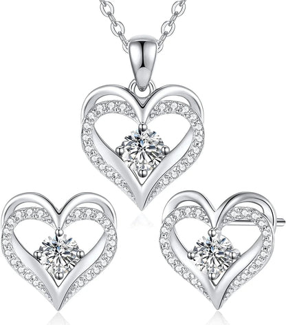 Jewelry Sets for Women Love Heart Pendant Necklaces Earrings, 925 Sterling Silver with Birthstone Zirconia, Birthday Anniversary Christmas Jewelry Gifts for Women Girls Wife Girlfriend Her Sliver-04-Apr(Circular Zircon)