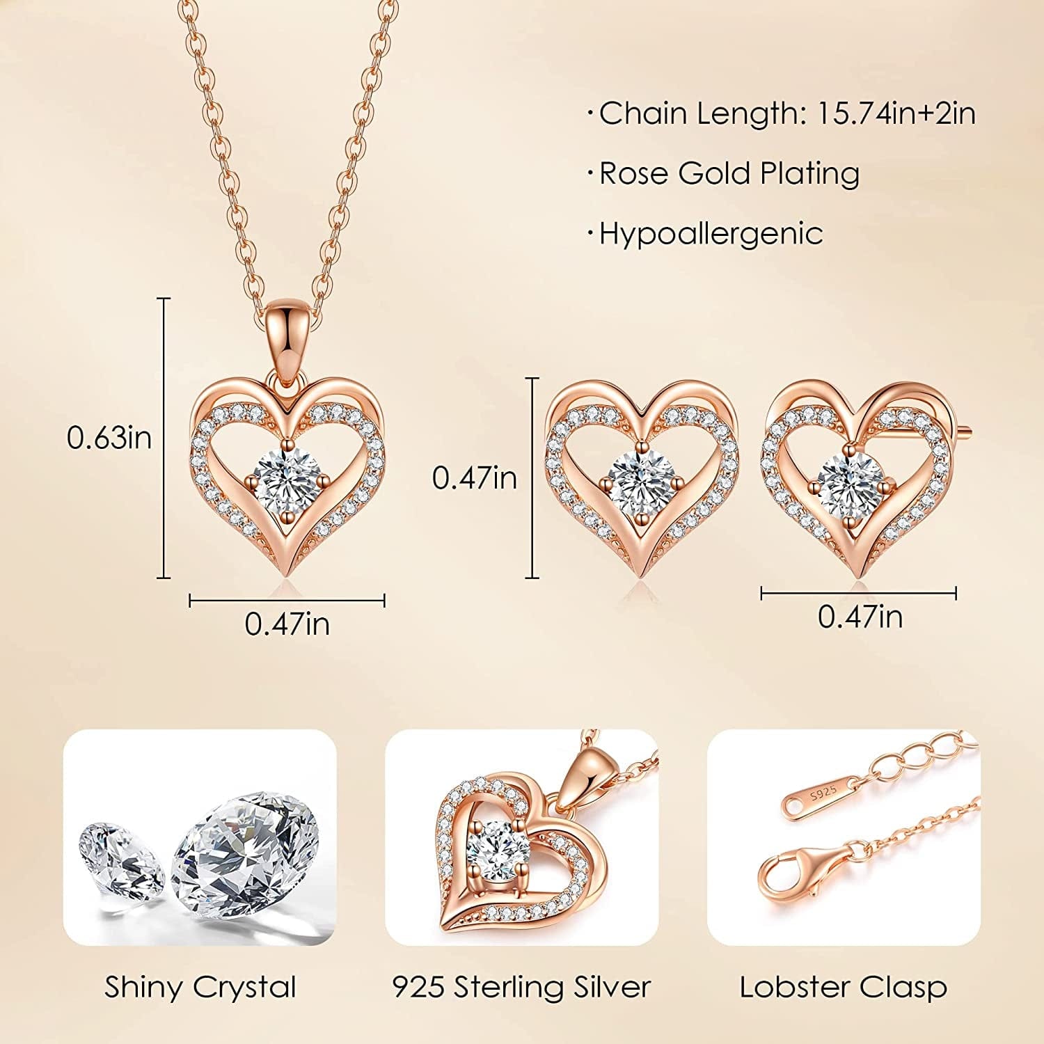 Jewelry Sets for Women Love Heart Pendant Necklaces Earrings, 925 Sterling Silver with Birthstone Zirconia, Birthday Anniversary Christmas Jewelry Gifts for Women Girls Wife Girlfriend Her