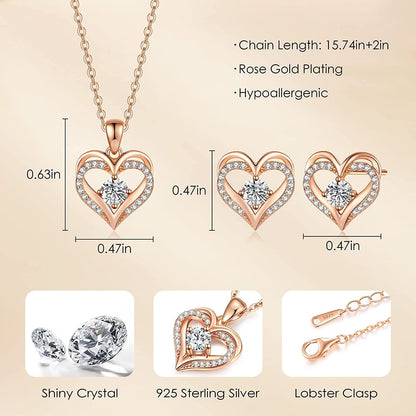 Jewelry Sets for Women Love Heart Pendant Necklaces Earrings, 925 Sterling Silver with Birthstone Zirconia, Birthday Anniversary Christmas Jewelry Gifts for Women Girls Wife Girlfriend Her