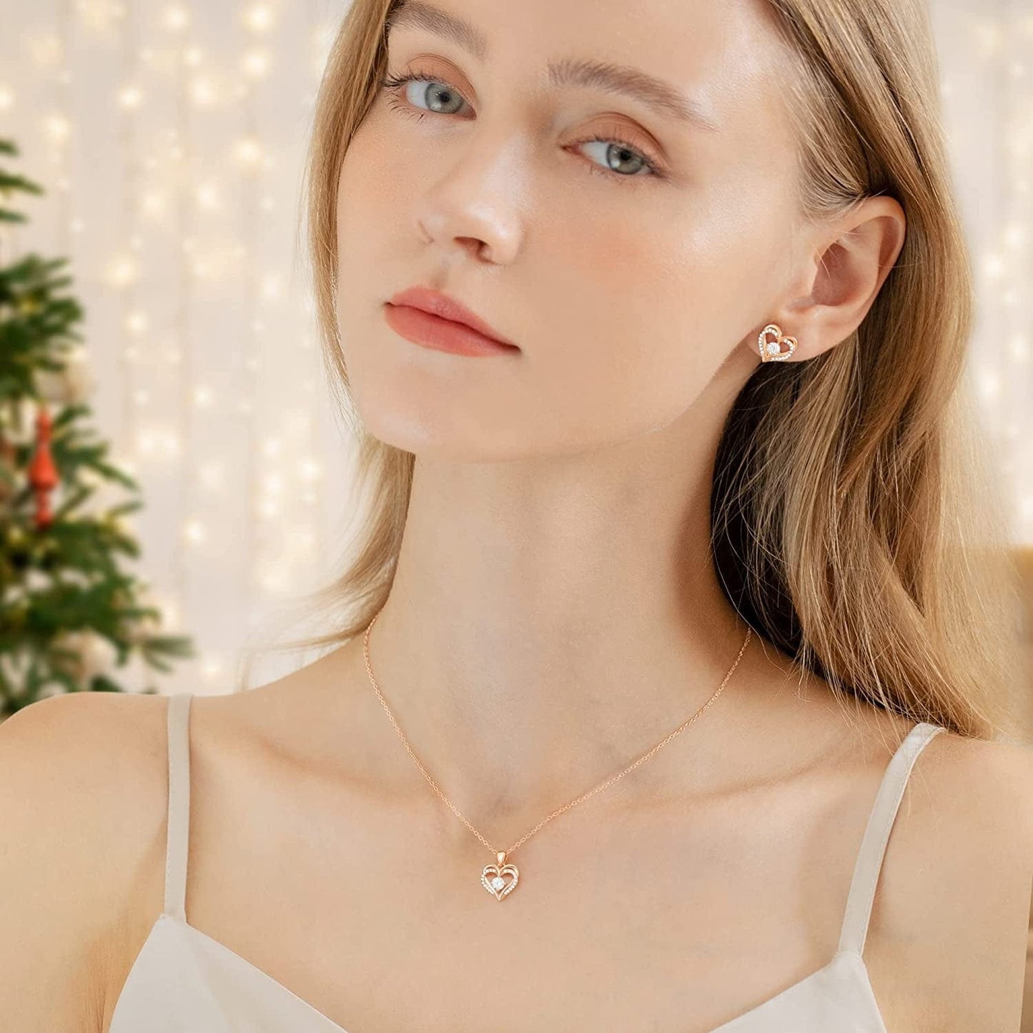Jewelry Sets for Women Love Heart Pendant Necklaces Earrings, 925 Sterling Silver with Birthstone Zirconia, Birthday Anniversary Christmas Jewelry Gifts for Women Girls Wife Girlfriend Her