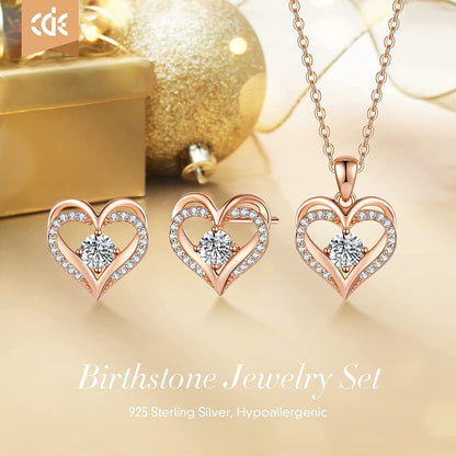 Jewelry Sets for Women Love Heart Pendant Necklaces Earrings, 925 Sterling Silver with Birthstone Zirconia, Birthday Anniversary Christmas Jewelry Gifts for Women Girls Wife Girlfriend Her