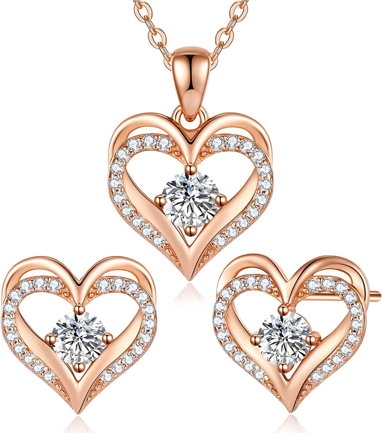Jewelry Sets for Women Love Heart Pendant Necklaces Earrings, 925 Sterling Silver with Birthstone Zirconia, Birthday Anniversary Christmas Jewelry Gifts for Women Girls Wife Girlfriend Her Rose Gold-04-Apr(Circular Zircon)