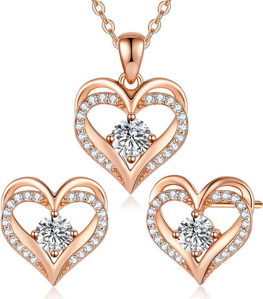 Jewelry Sets for Women Love Heart Pendant Necklaces Earrings, 925 Sterling Silver with Birthstone Zirconia, Birthday Anniversary Christmas Jewelry Gifts for Women Girls Wife Girlfriend Her Rose Gold-04-Apr(Circular Zircon)