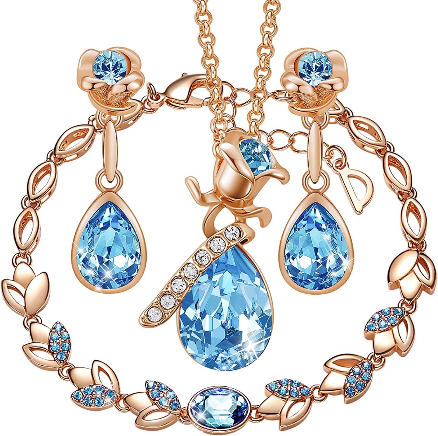 Jewelry Sets for Women Rose Gold Jewelry Embellished with Crystal from Austria Christmas Mothers Day Valentine'S Day Jewelry Gifts Necklace and Earrings Set for Mom Wife G_Rose Gold | Blue 3 PCS Set