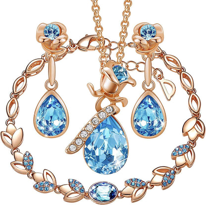 Jewelry Sets for Women Rose Gold Jewelry Embellished with Crystal from Austria Christmas Mothers Day Valentine'S Day Jewelry Gifts Necklace and Earrings Set for Mom Wife G_Rose Gold | Blue 3 PCS Set