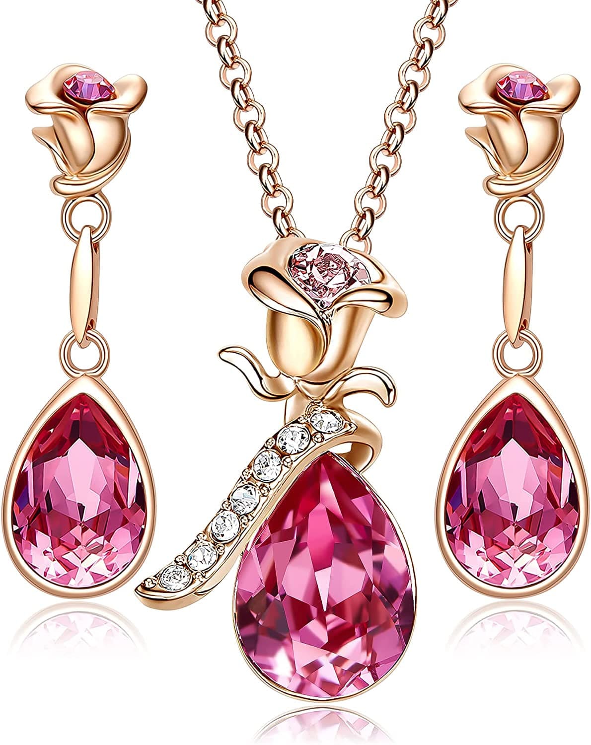 Jewelry Sets for Women Rose Gold Jewelry Embellished with Crystal from Austria Christmas Mothers Day Valentine'S Day Jewelry Gifts Necklace and Earrings Set for Mom Wife A_Pink (Rose Gold)