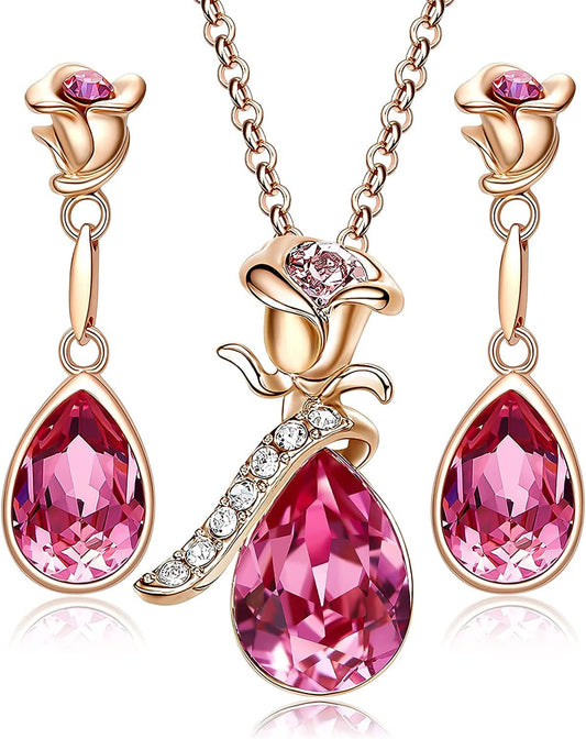 Jewelry Sets for Women Rose Gold Jewelry Embellished with Crystal from Austria Christmas Mothers Day Valentine'S Day Jewelry Gifts Necklace and Earrings Set for Mom Wife A_Pink (Rose Gold)