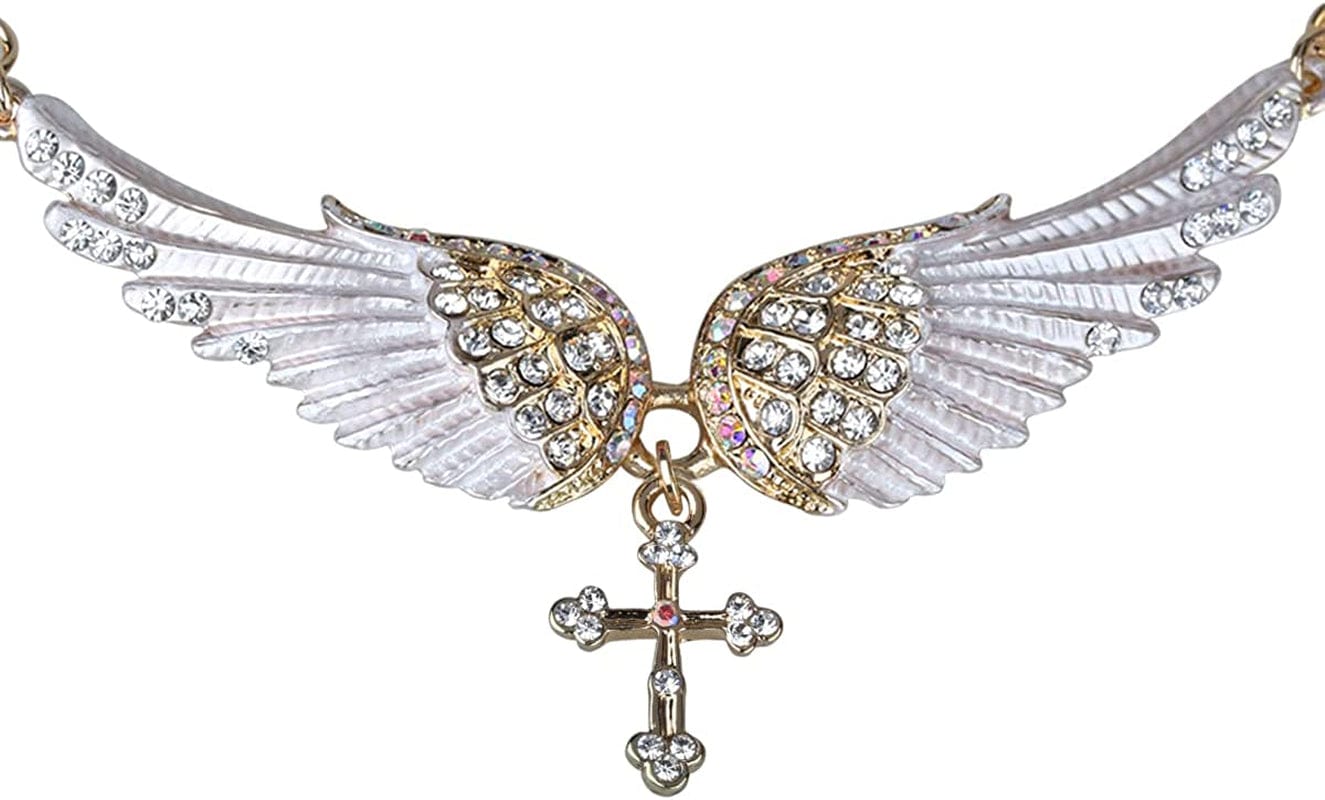 Jewelry Women'S Crystal Guardian Angel Wings Cross Choker Pendant Necklaces 18"+2" gold
