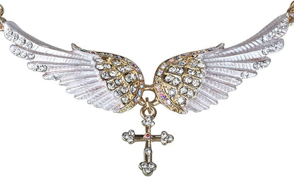 Jewelry Women'S Crystal Guardian Angel Wings Cross Choker Pendant Necklaces 18"+2" gold