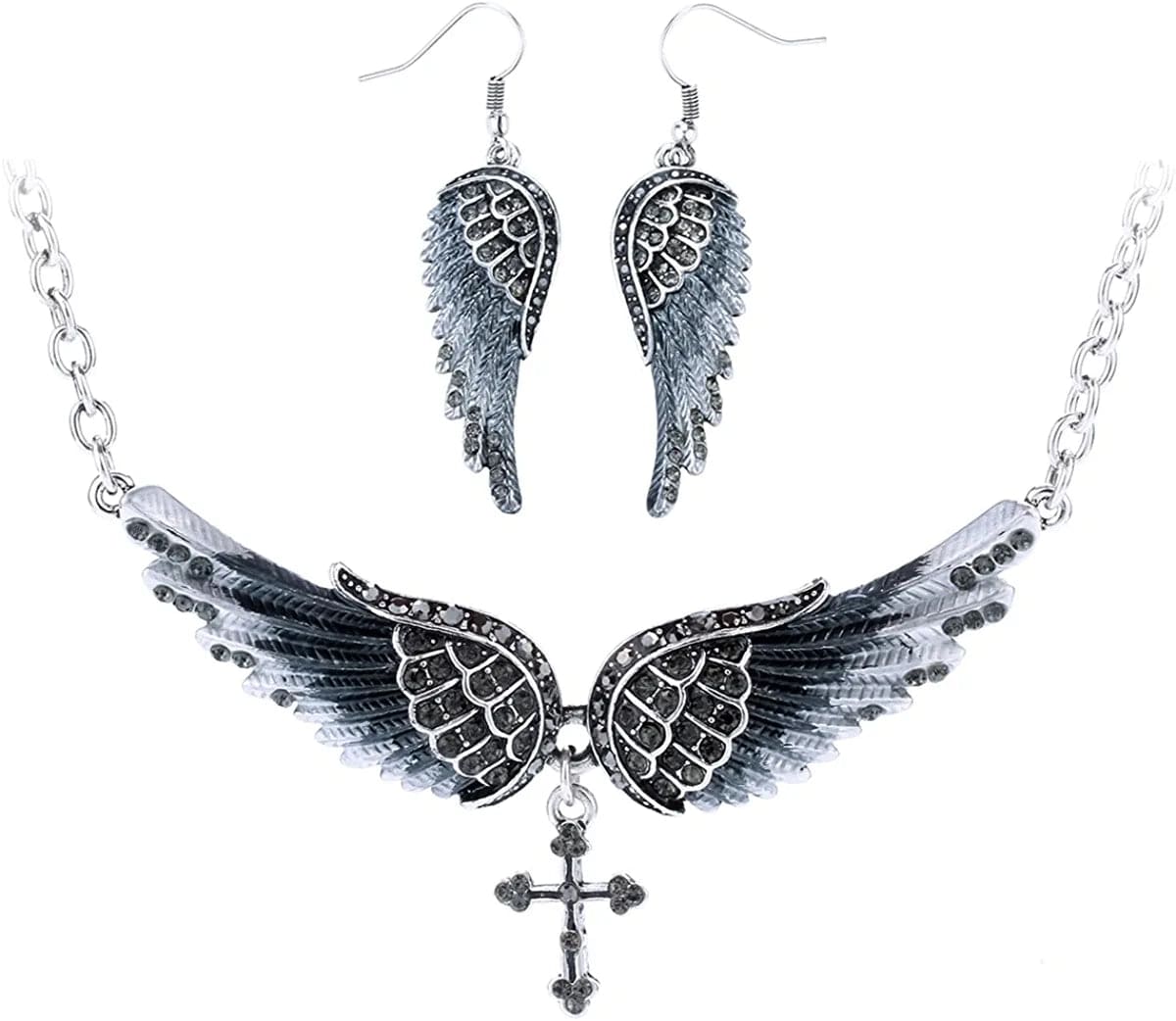 Jewelry Women'S Crystal Guardian Angel Wings Cross Choker Pendant Necklaces 18"+2" Gray Earrings & Necklace