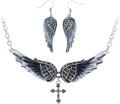 Jewelry Women'S Crystal Guardian Angel Wings Cross Choker Pendant Necklaces 18"+2" Gray Earrings & Necklace