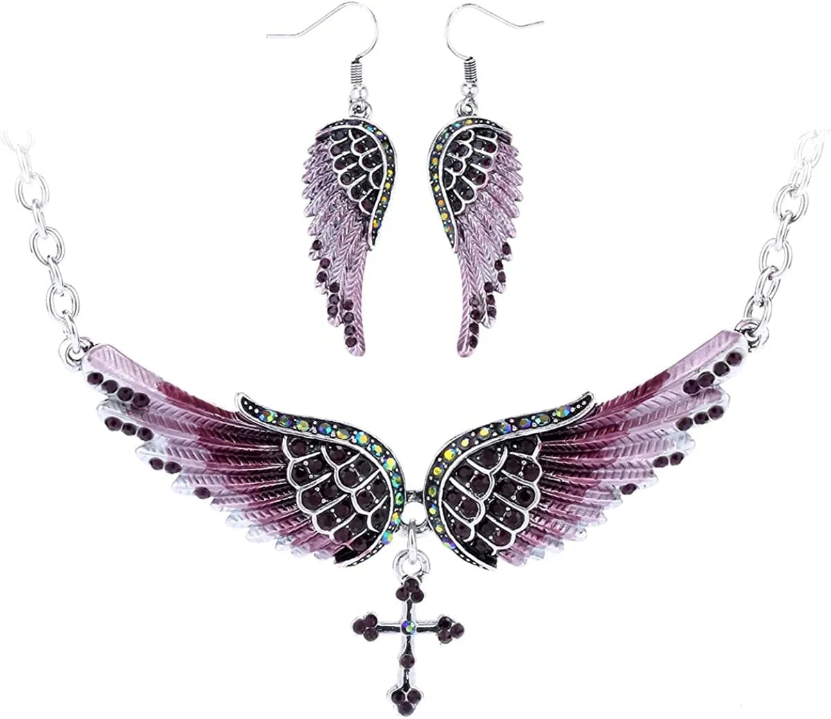 Jewelry Women'S Crystal Guardian Angel Wings Cross Choker Pendant Necklaces 18"+2" Purple Earrings & Necklace