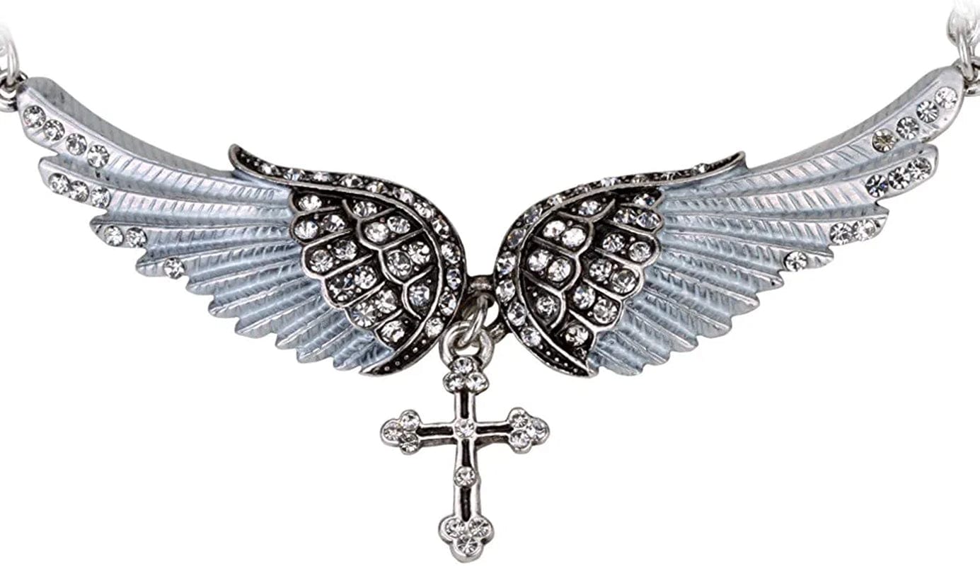 Jewelry Women'S Crystal Guardian Angel Wings Cross Choker Pendant Necklaces 18"+2" Silver Clear