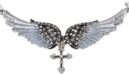 Jewelry Women'S Crystal Guardian Angel Wings Cross Choker Pendant Necklaces 18"+2" Silver Clear