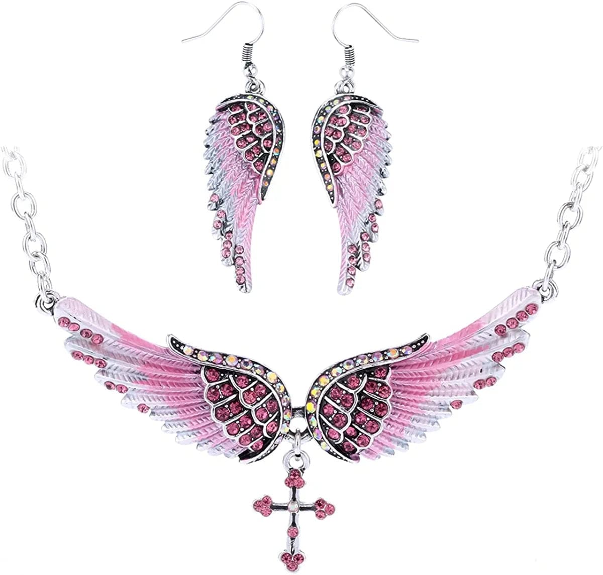 Jewelry Women'S Crystal Guardian Angel Wings Cross Choker Pendant Necklaces 18"+2" Pink Earrings & Necklace