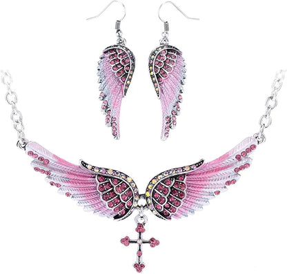 Jewelry Women'S Crystal Guardian Angel Wings Cross Choker Pendant Necklaces 18"+2" Pink Earrings & Necklace