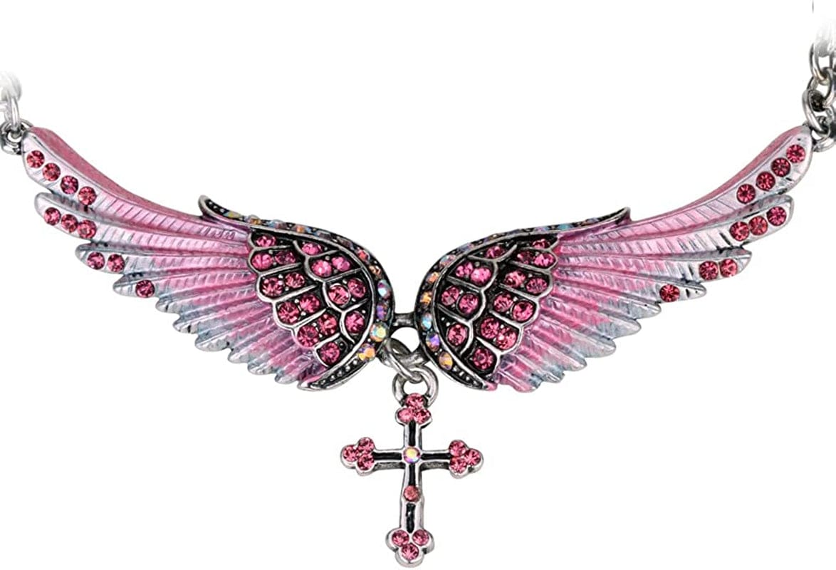 Jewelry Women'S Crystal Guardian Angel Wings Cross Choker Pendant Necklaces 18"+2" Pink