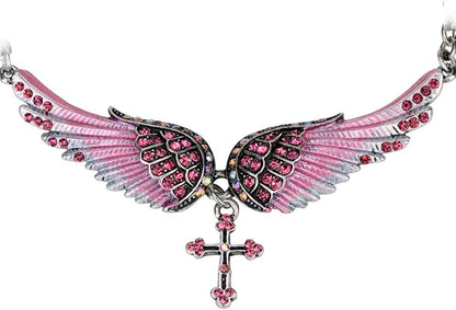Jewelry Women'S Crystal Guardian Angel Wings Cross Choker Pendant Necklaces 18"+2" Pink