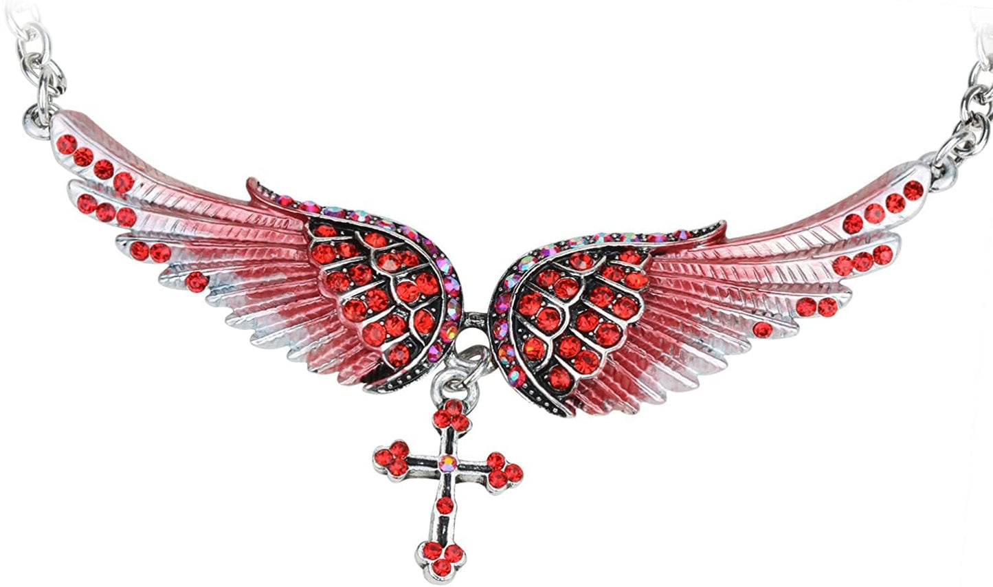 Jewelry Women'S Crystal Guardian Angel Wings Cross Choker Pendant Necklaces 18"+2" Red