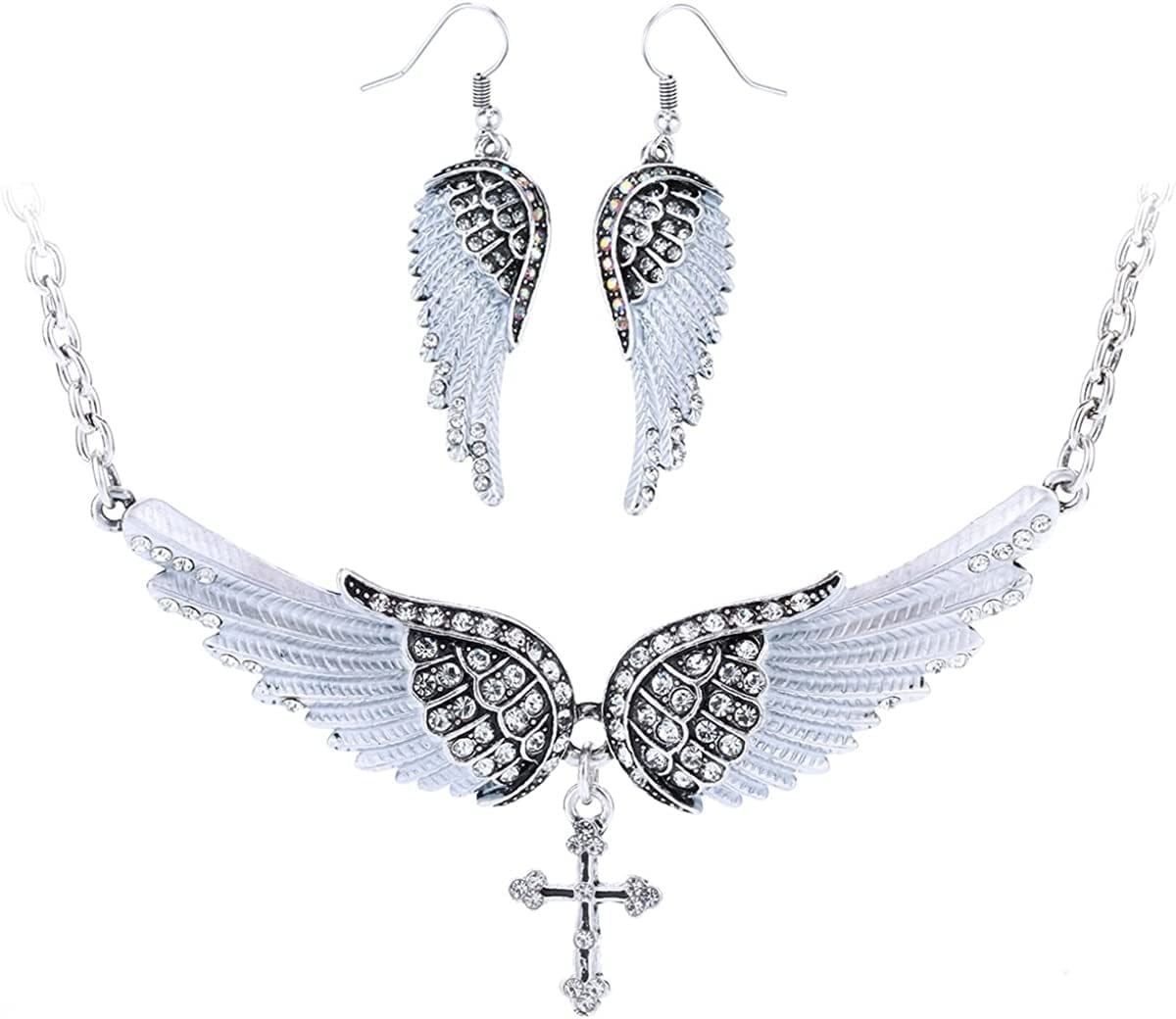 Jewelry Women'S Crystal Guardian Angel Wings Cross Choker Pendant Necklaces 18"+2" Silver Earrings & Necklace