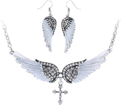 Jewelry Women'S Crystal Guardian Angel Wings Cross Choker Pendant Necklaces 18"+2" Silver Earrings & Necklace