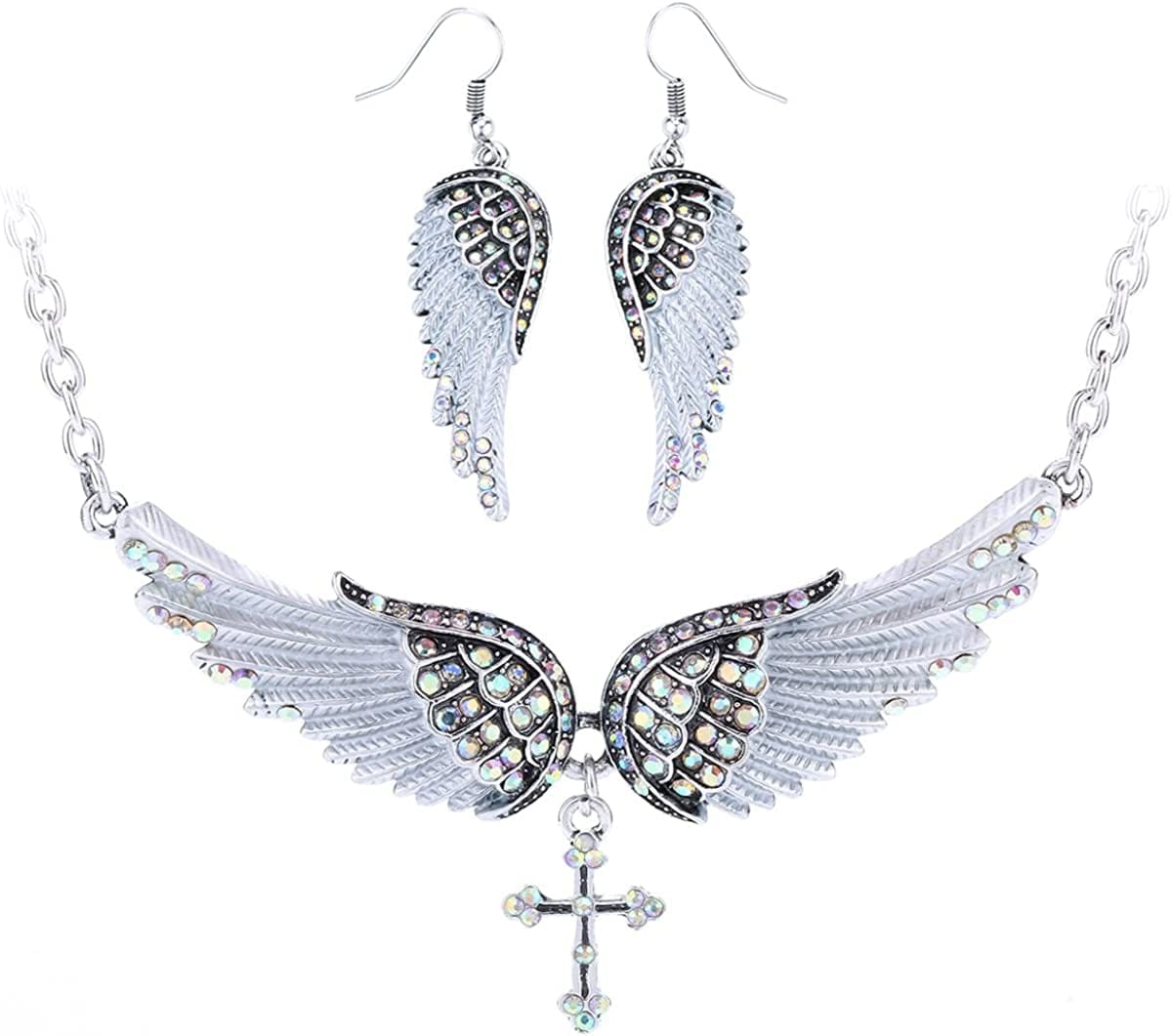 Jewelry Women'S Crystal Guardian Angel Wings Cross Choker Pendant Necklaces 18"+2" Color-Changing Silver Earrings & Necklace