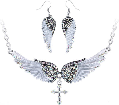 Jewelry Women'S Crystal Guardian Angel Wings Cross Choker Pendant Necklaces 18"+2" Color-Changing Silver Earrings & Necklace