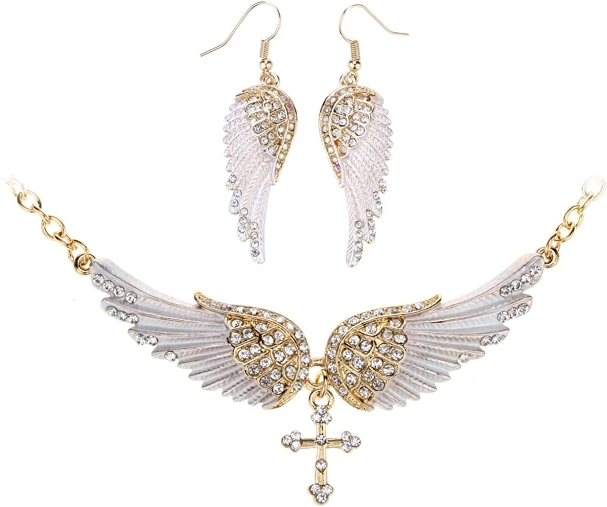 Jewelry Women'S Crystal Guardian Angel Wings Cross Choker Pendant Necklaces 18"+2" Gold Earrings & Necklace